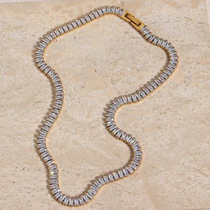 Close view of clear zircon necklace