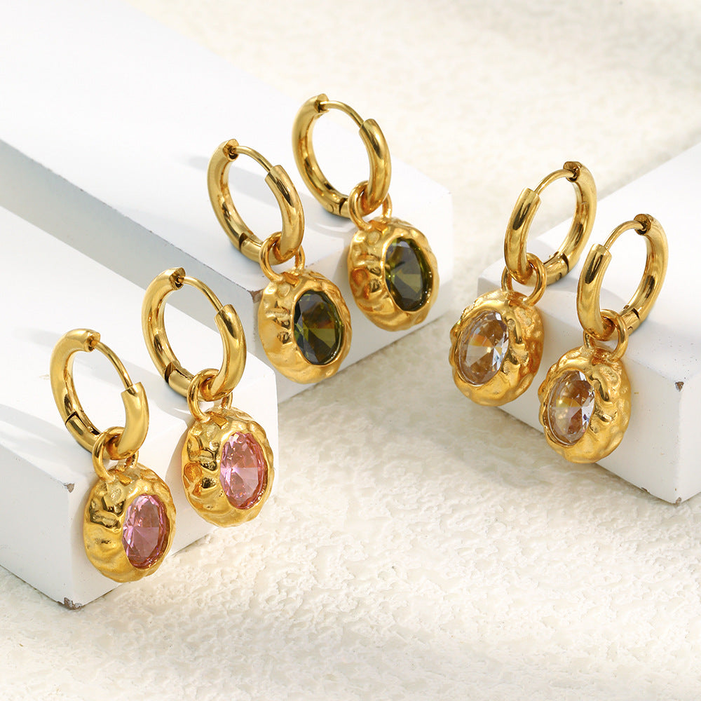 STUD 18K gold-plated stainless steel hammered oval hoop earrings with green zircon stone