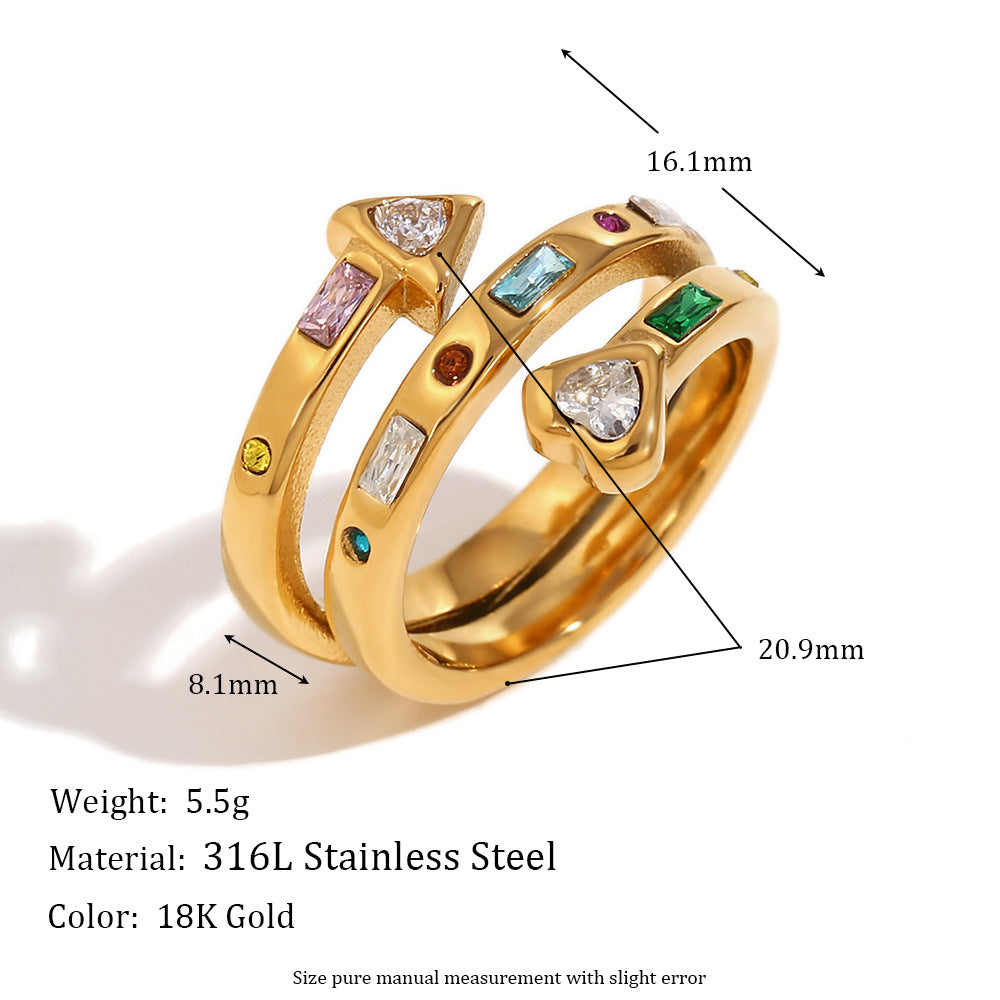 Adjustable silver open ring with rainbow stones and heart arrow