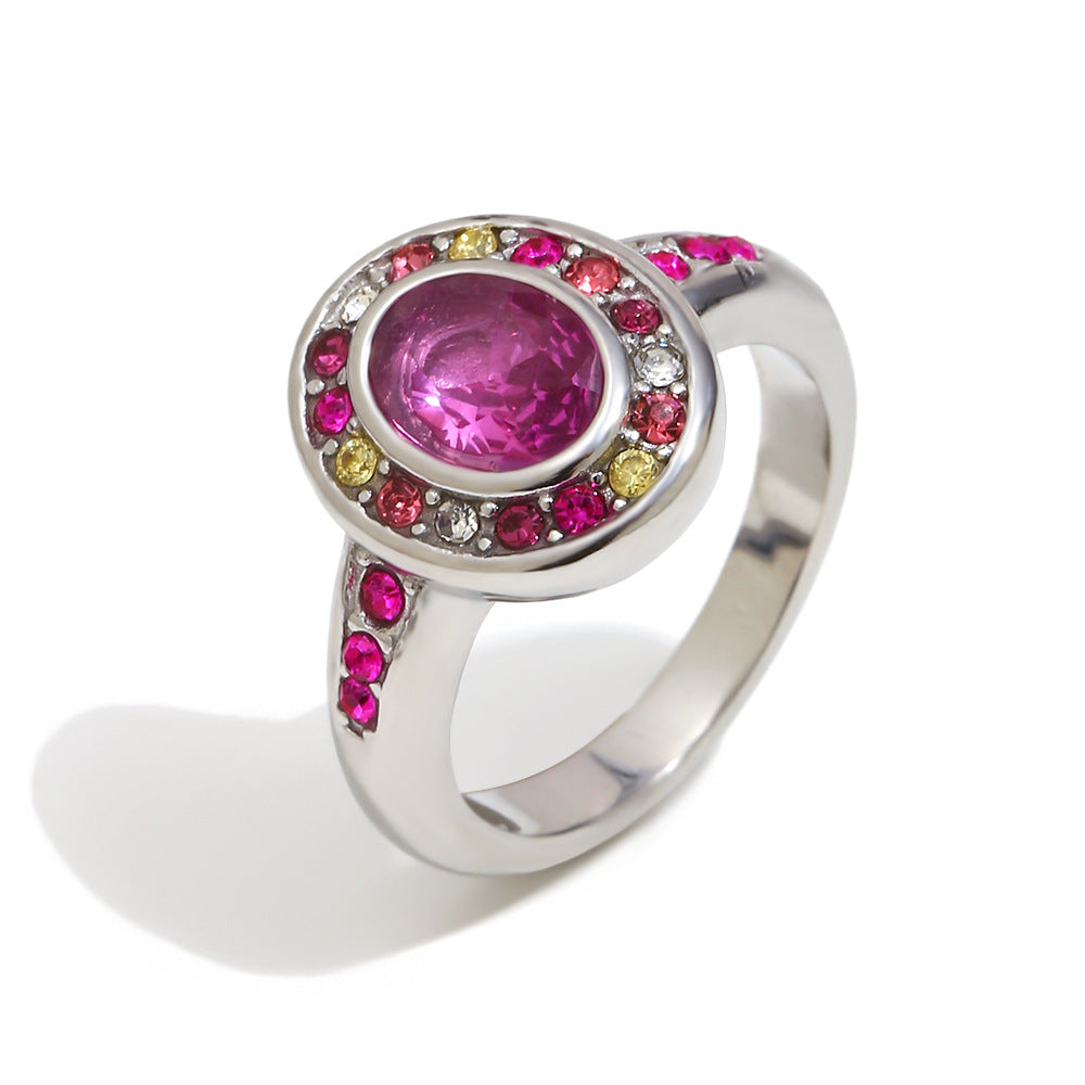 Silver stainless steel oval pink zircon ring with colorful crystal halo design