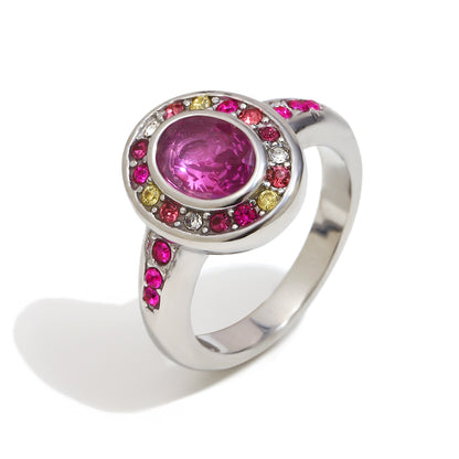 Silver stainless steel oval pink zircon ring with colorful crystal halo design