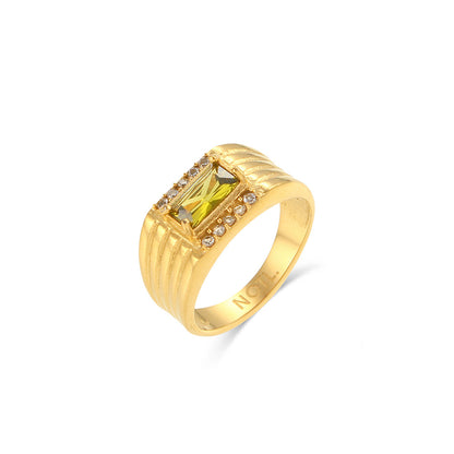 Close up view of Rectangular green zircon ring – minimalist 18K gold-plated stainless steel band with polished finish – geometric statement jewelry by STUD (Shop Till You Drop)
