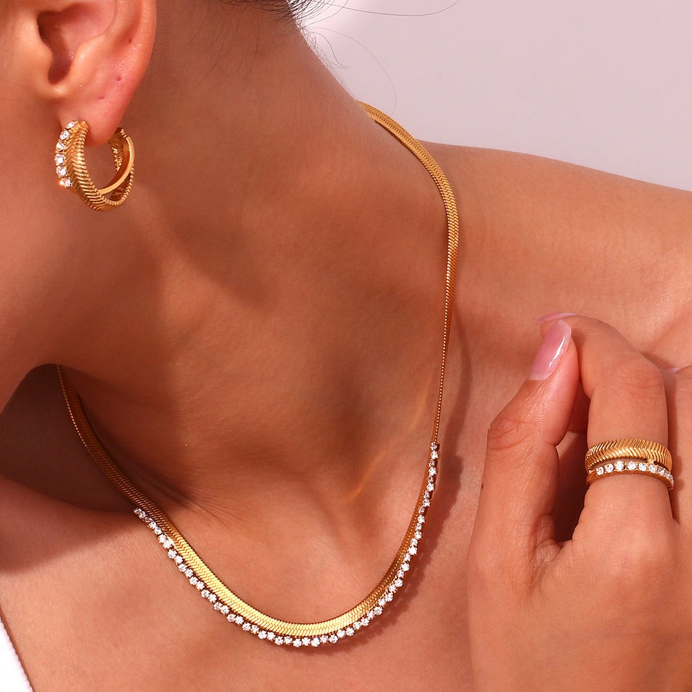 Minimalist Fishbone 18K Gold Plated with Zircon Earrings