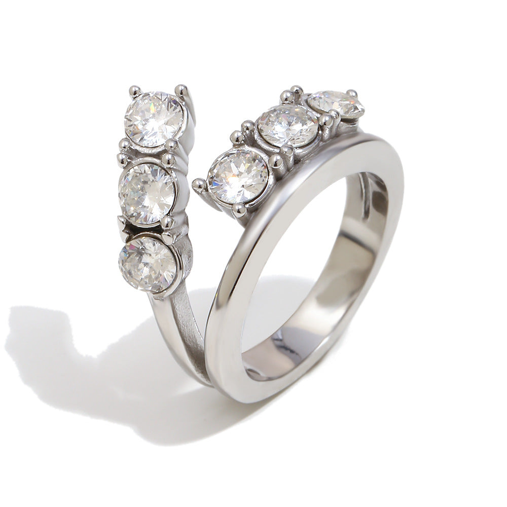 Silver stainless steel double-layer zircon open ring with round stones for women