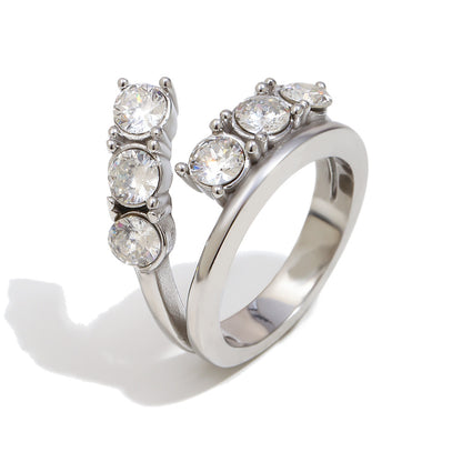 Silver stainless steel double-layer zircon open ring with round stones for women