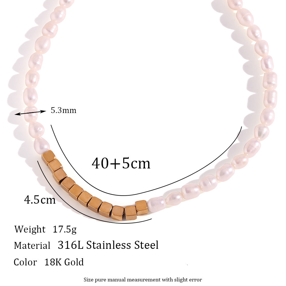 18K gold plated pearl cube charm necklace with freshwater pearls and square gold beads – STUD