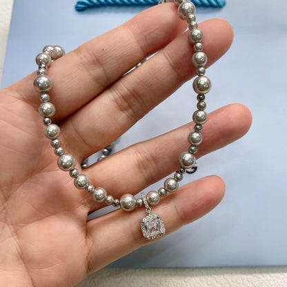 Silver pearl and diamond necklace – electroplated geometric design by STUD-Shop Till You Drop