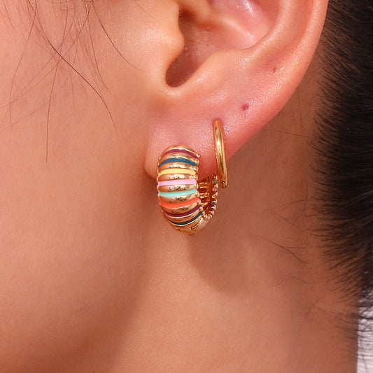 Vintage Color-Patterned Enamel Hoop Earrings in 18K Gold-Plated