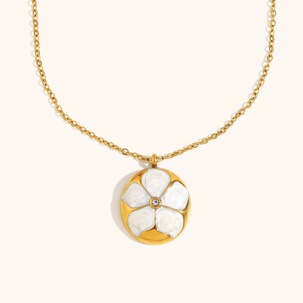 18K gold-plated stainless steel vintage enamel flower pendant necklace