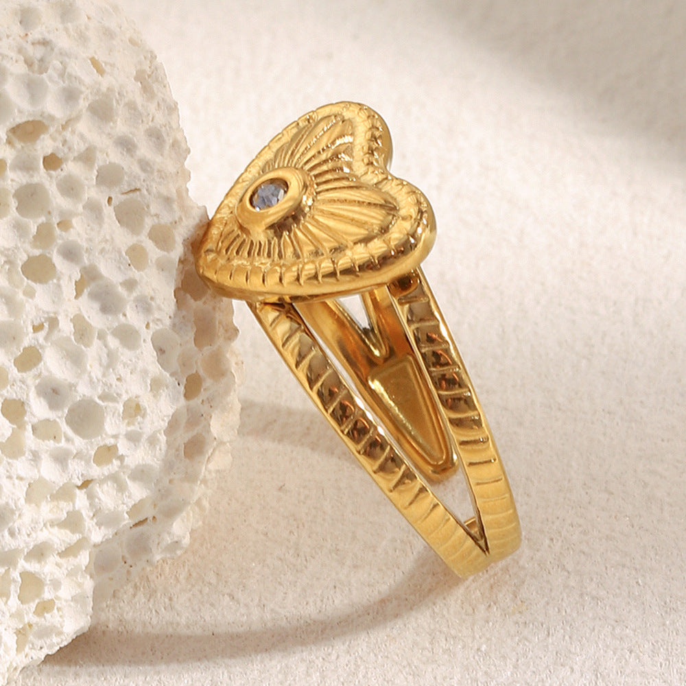 18K Gold-Plated Open Heart Adjustable Ring with Textured Finish and Central Gemstone