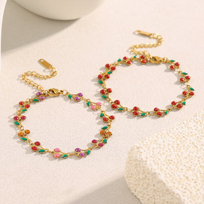 Colorful cherry enamel bracelet with 18K gold finish and leaf details