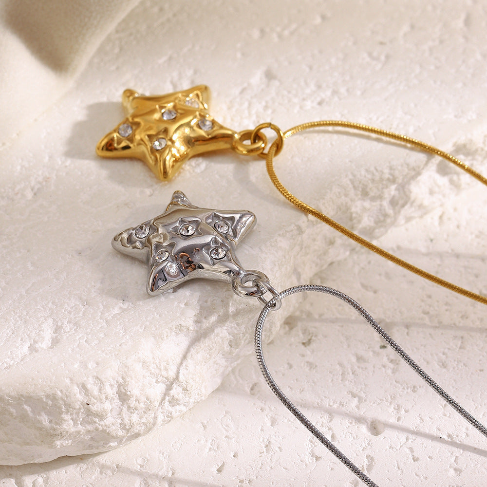 Gold 18K plated star pendant necklace with zircon crystal accents on snake chain – STUD