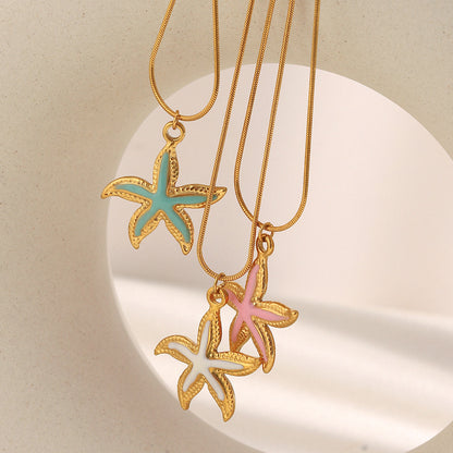 White enamel gold starfish pendant necklace with 18K gold chain