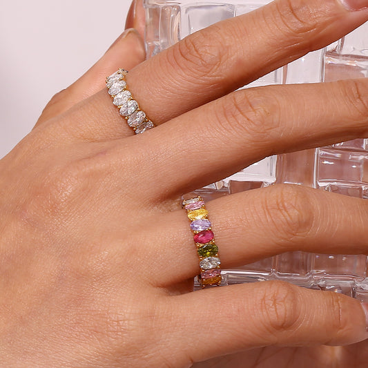 Multicolor zircon and clear 
statement ring – 18K gold-plated double-layer open band with oval-cut stone – by STUD (Shop Till You Drop)