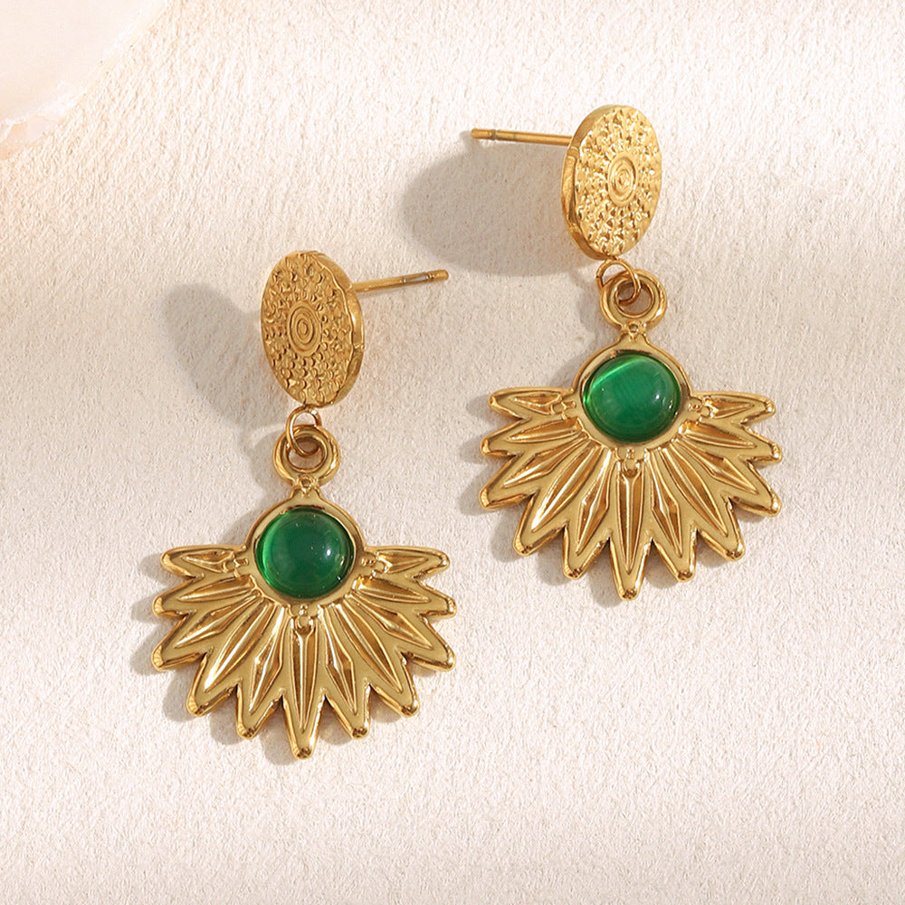18K gold-plated stainless steel sunburst drop earrings with green agate stone