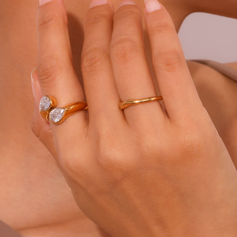 18K gold plated twin teardrop zircon open ring by STUD