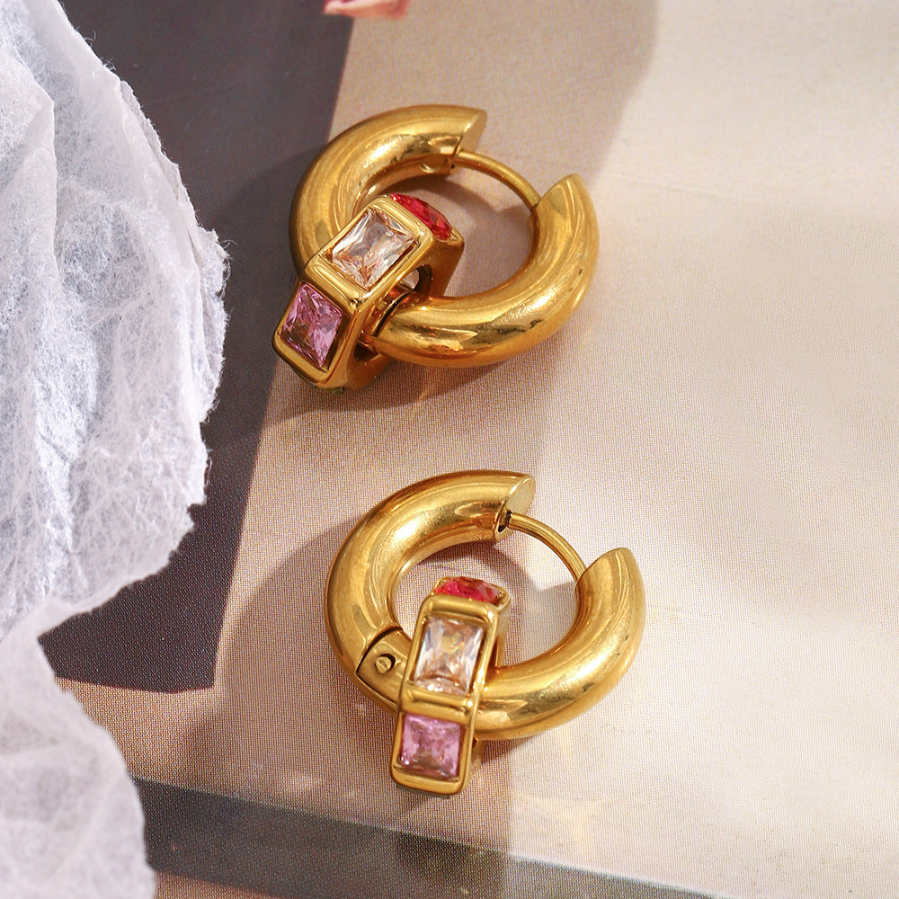 Gold-plated chunky hoop earrings with multicolor geometric gemstones – Aurora Gem Hoops by STUD