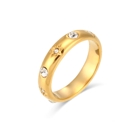 18K gold plated Starlit Shine ring with clear zircon stones and floral engravings – STUD