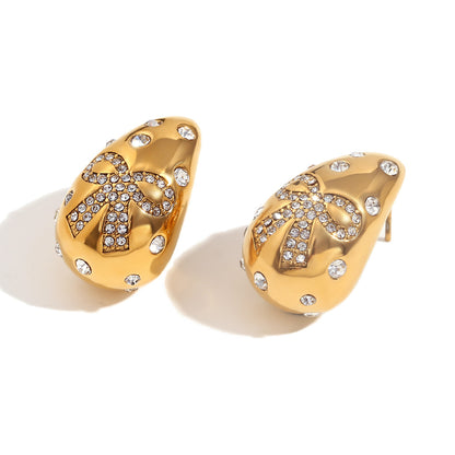 Close View of Butterfly bow earrings with teardrop crystals – 18K gold-plated, waterproof, hypoallergenic by STUD (Shop Till You Drop)