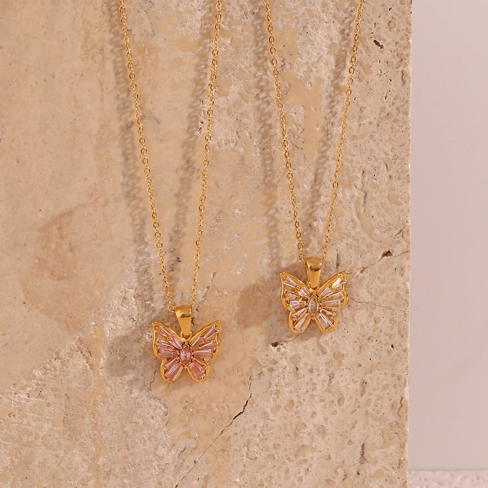 Butterfly Elegant Pink Zircon Pendant Necklace