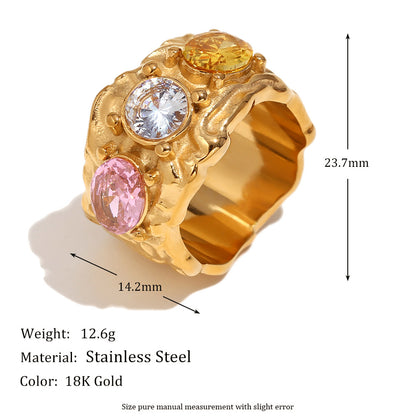 STUD 18K gold-plated sculpted ring with clear zircon stones