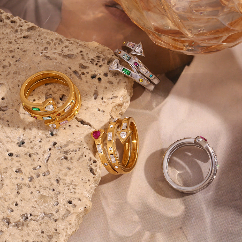 Gold rainbow stone open ring with heart and arrow design