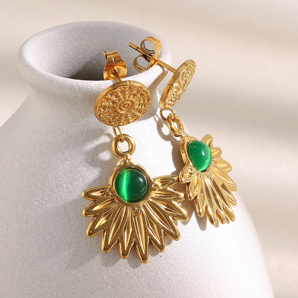 18K gold-plated stainless steel sunburst drop earrings with green agate stone