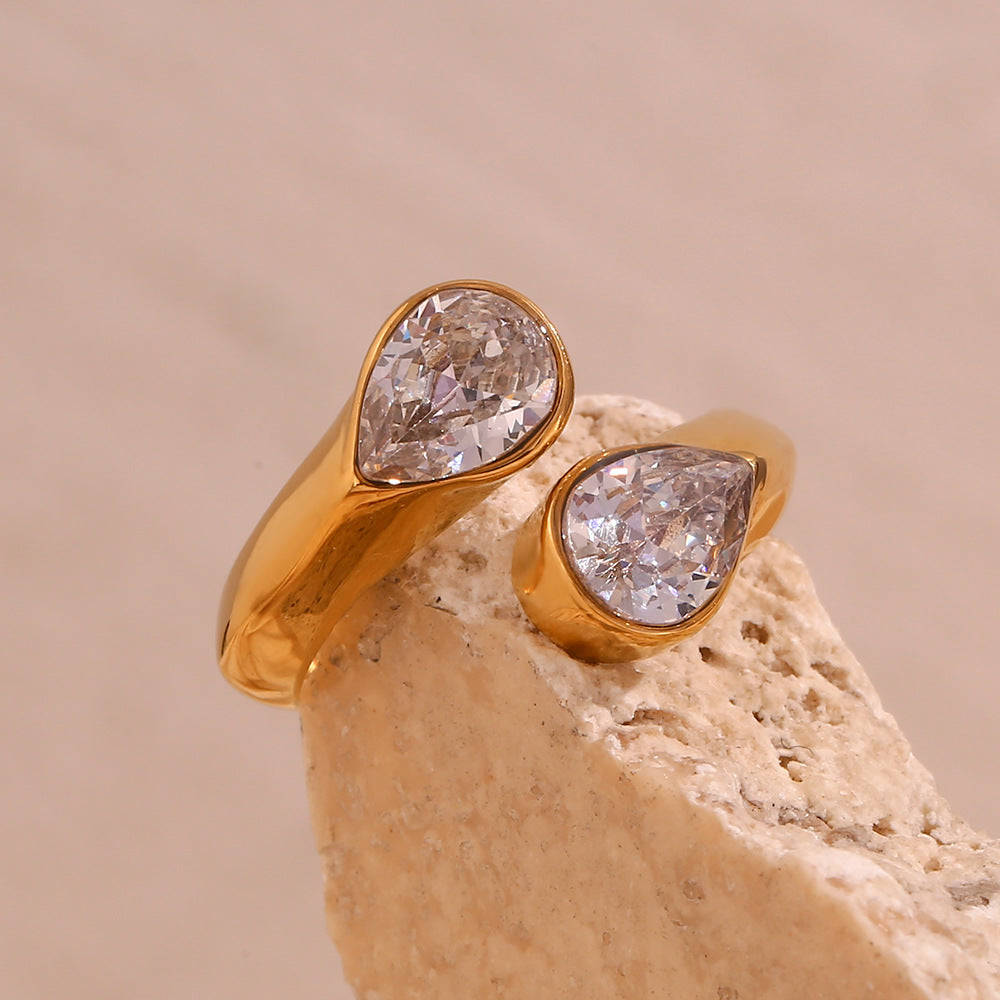 18K gold plated twin teardrop zircon open ring by STUD