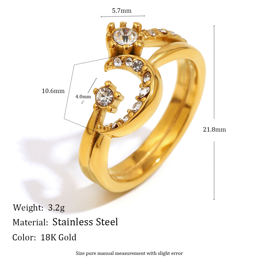 18K gold plated crescent moon double ring with embedded crystals
