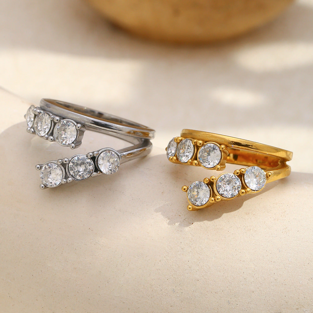 Silver stainless steel double-layer zircon open ring with round stones for women
