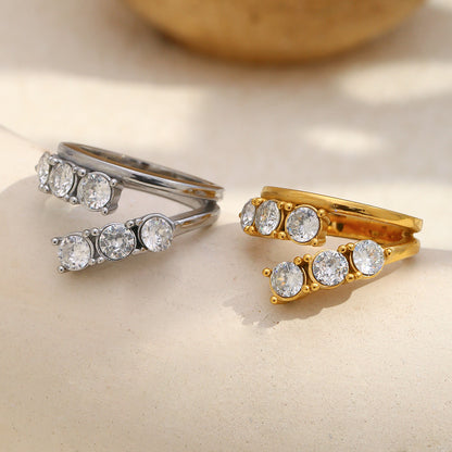 Silver stainless steel double-layer zircon open ring with round stones for women
