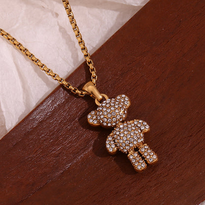 Close View of Crystal bear pendant necklace with pearl chain – 18K gold plated by STUD-Shop Till You Drop