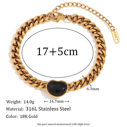 Size Details of Black onyx heart Figaro bracelet – 18K gold-plated, waterproof, hypoallergenic by STUD (Shop Till You Drop)