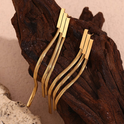 STUD 18K gold-plated stainless steel geometric layered bar tassel chain drop earrings