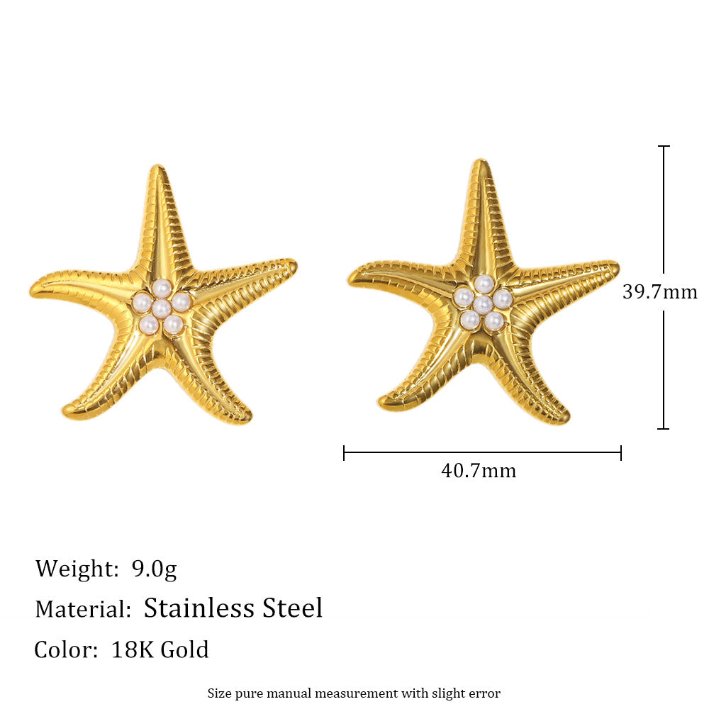 18K gold-plated starfish earrings with faux pearls and textured finish