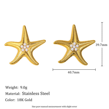 18K gold-plated starfish earrings with faux pearls and textured finish