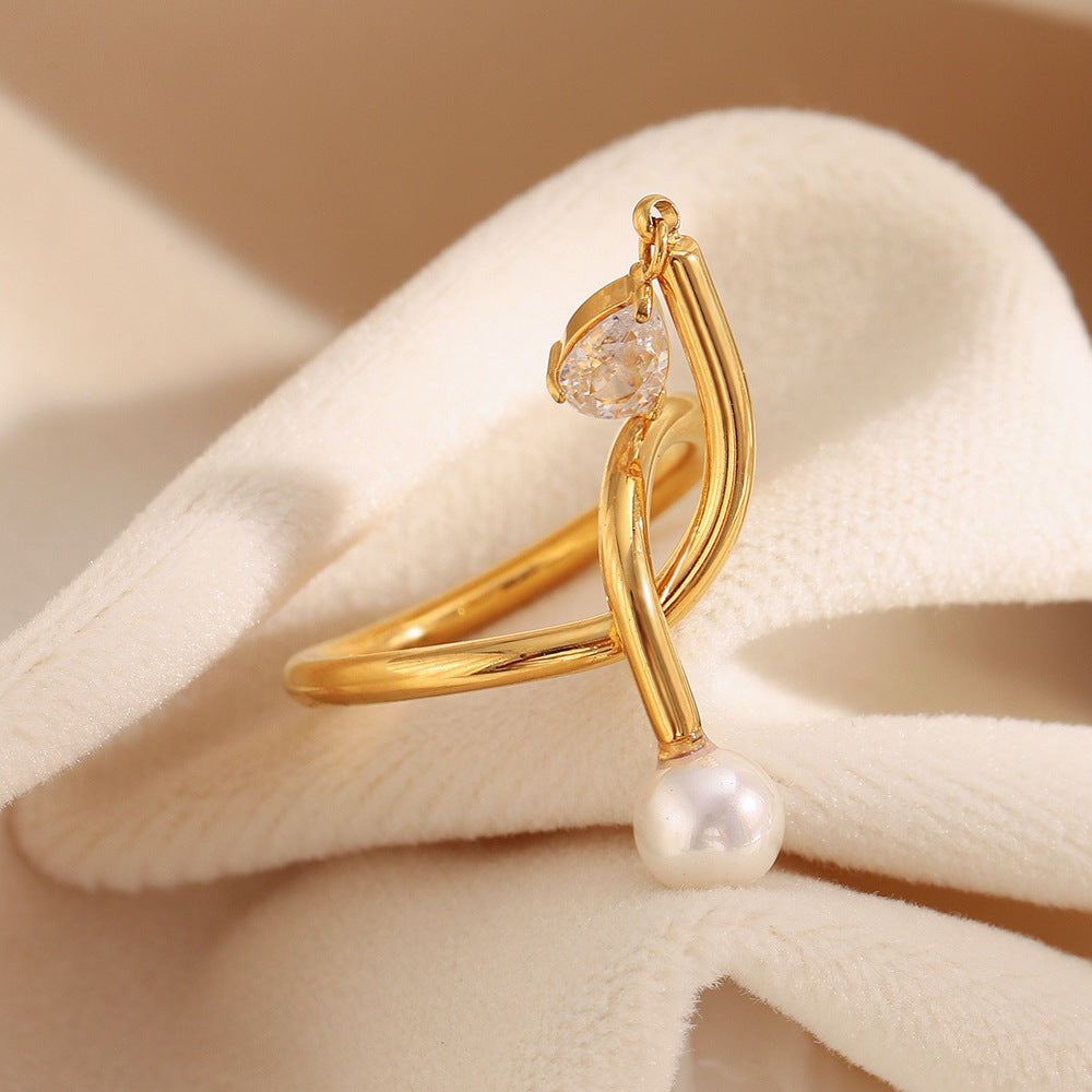 18K gold-plated stainless steel open ring with knot design, zircon charm and pearl drop