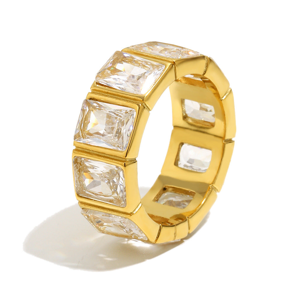 18K gold-plated geometric hollow-cut ring with square cubic zirconia stones, minimalist demi-fine statement ring for women