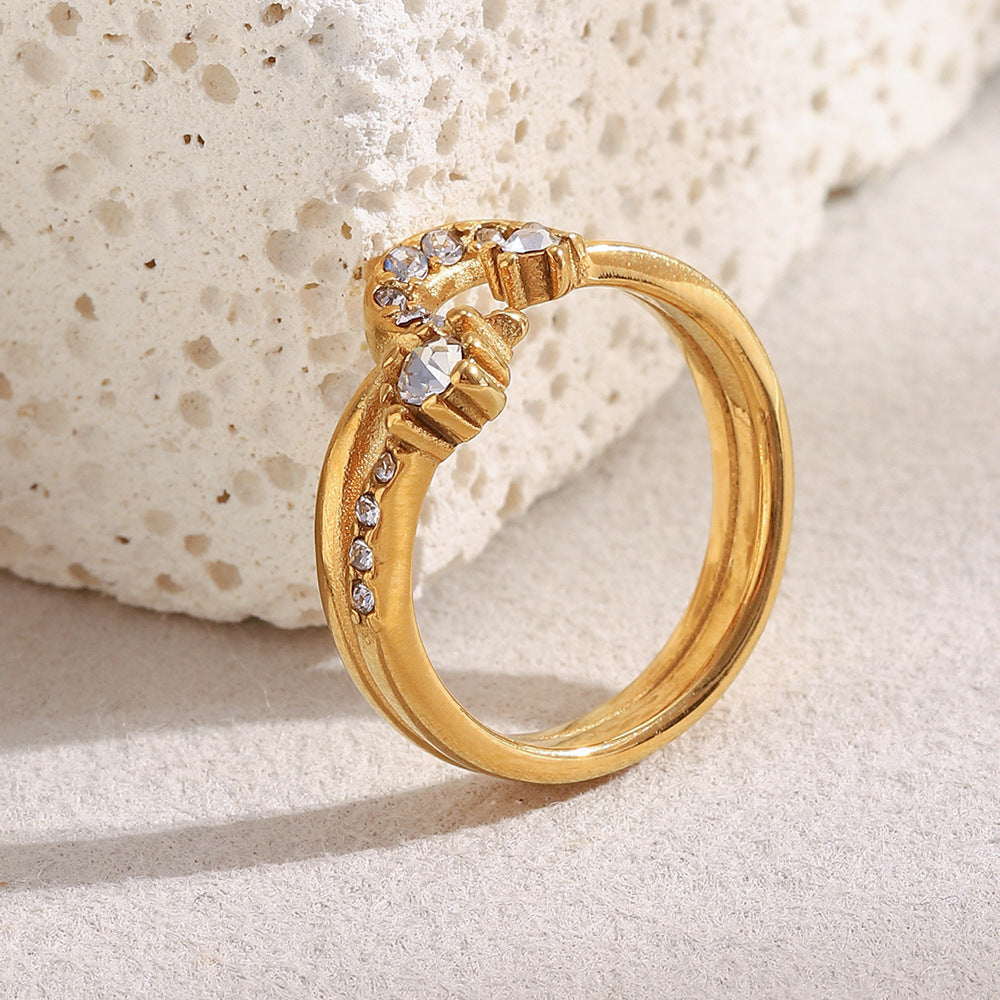 18K gold plated crescent moon double ring with embedded crystals