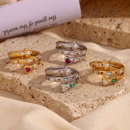 Gold rainbow stone open ring with heart and arrow design