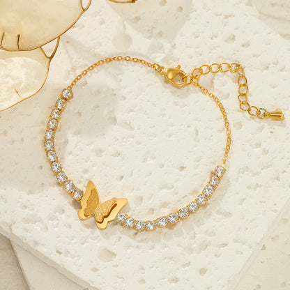 18K Gold Plated Butterfly and Clover Bracelet – Dainty Zircon Titanium Steel – STUD