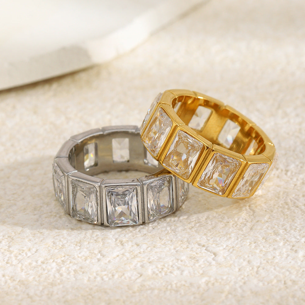 18K gold-plated geometric hollow-cut ring with square cubic zirconia stones, minimalist demi-fine statement ring for women