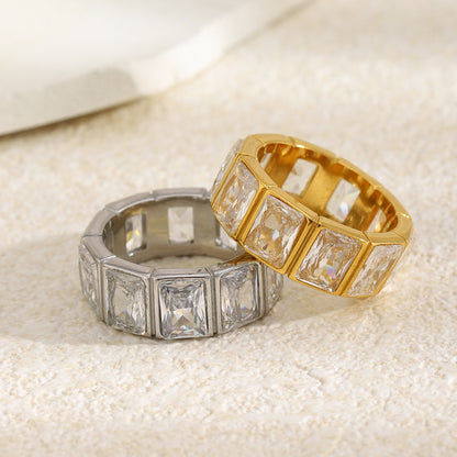 18K gold-plated geometric hollow-cut ring with square cubic zirconia stones, minimalist demi-fine statement ring for women