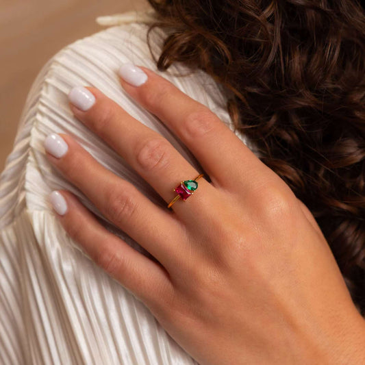 18K gold plated birthstone ring with mix zircon on titanium steel band – STUD