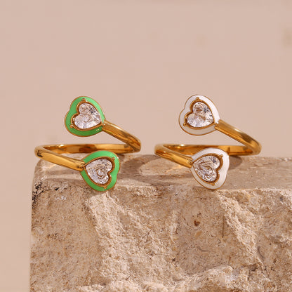 Green and White heart enamel open ring with zircon – 18K gold-plated stainless steel adjustable band – trendy playful jewelry by STUD (Shop Till You Drop)

