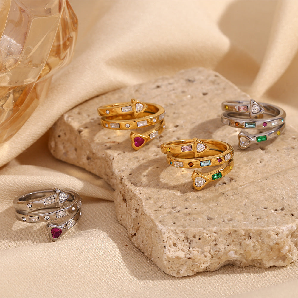 Adjustable silver open ring with rainbow stones and heart arrow