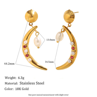 STUD 18K gold-plated crescent moon earrings with pearls and red crystals – celestial style