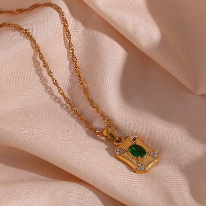 Close View of Geometric rectangle pendant necklace with green zircon – waterproof stainless steel design by STUD-Shop Till You Drop