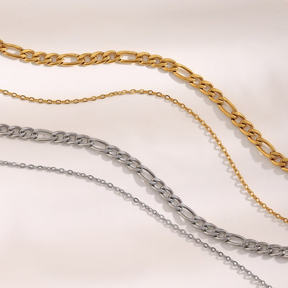 Silver stainless steel double layer chain necklace with chunky and delicate links.