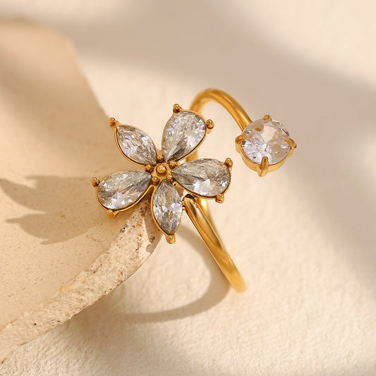 STUD 18K gold-plated stainless steel zircon flower open ring with teardrop petals